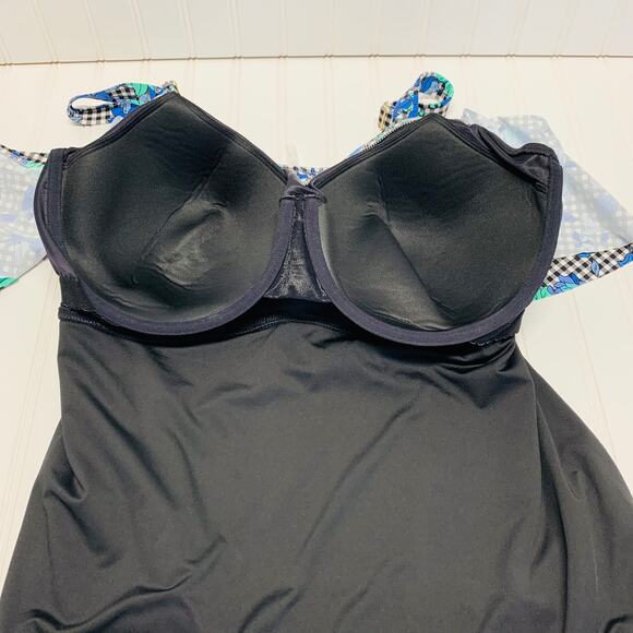 NWOT Lands' End Black Blue Gingham Floral  Ruffle Tankini Sz 44DD - Picture 4 of 7